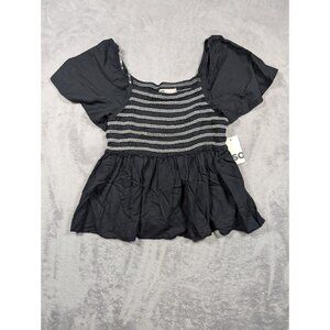 SO Womens Smocked Peplum Top Blouse Size Medium Black Puff Sleeve Boho